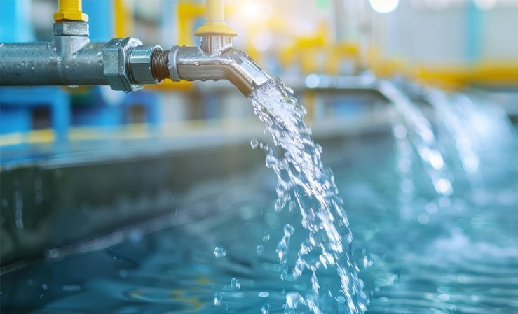 Clear water pours from an industrial tap into a clean basin, symbolizing effective water quality control.