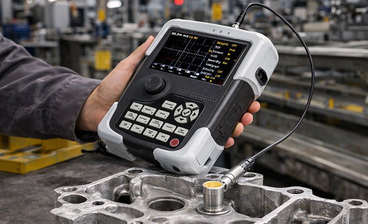 A hand operates a portable ultrasonic flaw detector to perform non-destructive testing on a metal part in a factory.