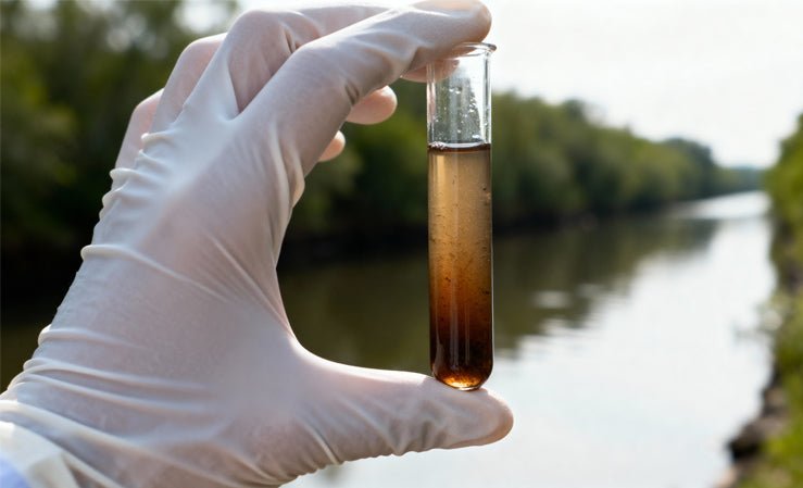 A gloved hand holds a test tube of murky brown river water, visually demonstrating high turbidity.