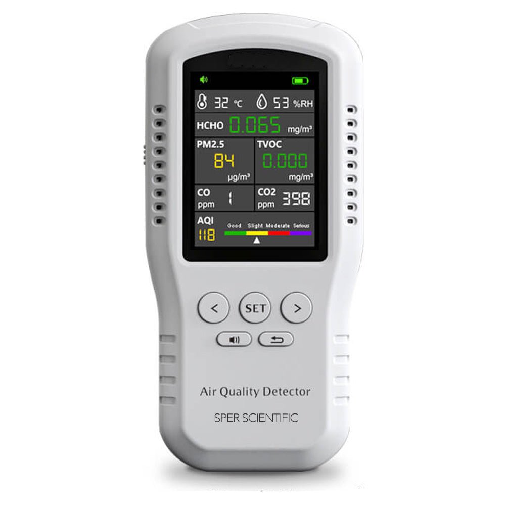 Handheld multi parameter air quality monitor with PM1, PM2.5, PM10 by Sper Scientific, showing the air quality index on the screen.