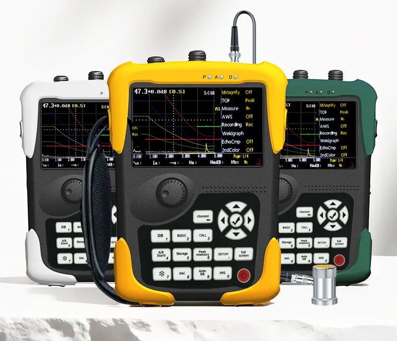 Precision non-destructive testing equipment: durable handheld ultrasonic flaw detectors in yellow, white, and green.