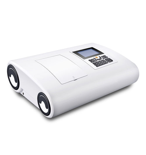 White double beam spectrophotometer by Sper Scientific, featuring a screen and keyboard on top, and rounded ends.