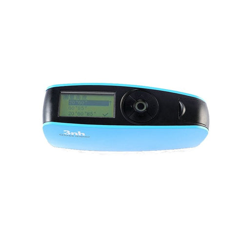 Basic gloss meter by 3nh with a blue and black exterior, seen on a white surface.
