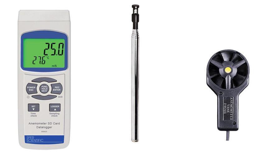 A Sper Scientific digital vane anemometer kit displaying air velocity and temperature, with a separate probe and extension pole.