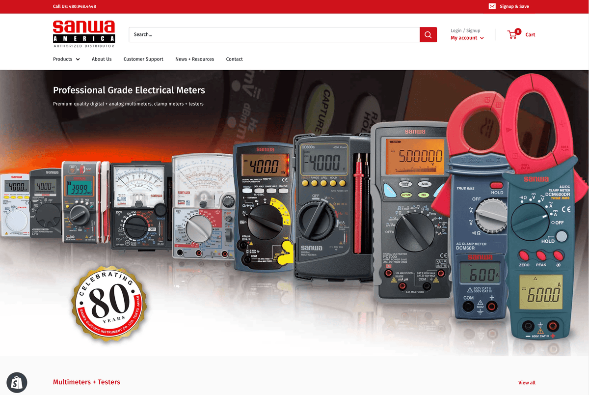 Professional Sanwa electrical meters displayed prominently on the newly launched Sanwa-America.com website, celebrating 80 years.