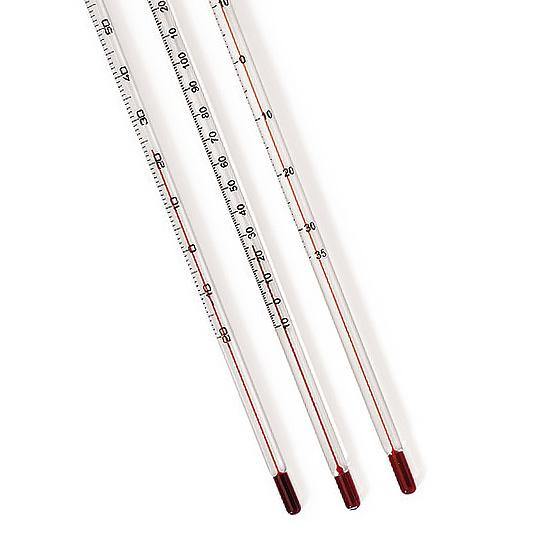 Three glass thermometers with red liquid and diverse temperature scales for measurement and conversion.