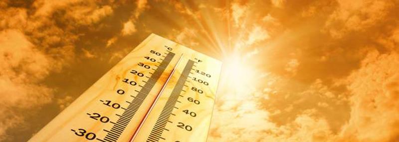 A thermometer under a scorching sun and orange sky, illustrating the significance of temperature measurement.