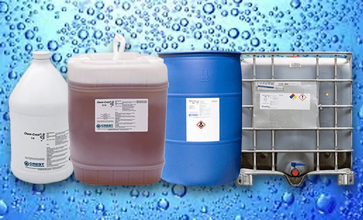 Containers of various industrial cleaning solutions, from jugs to large drums, set against a background of cavitation-like bubbles.