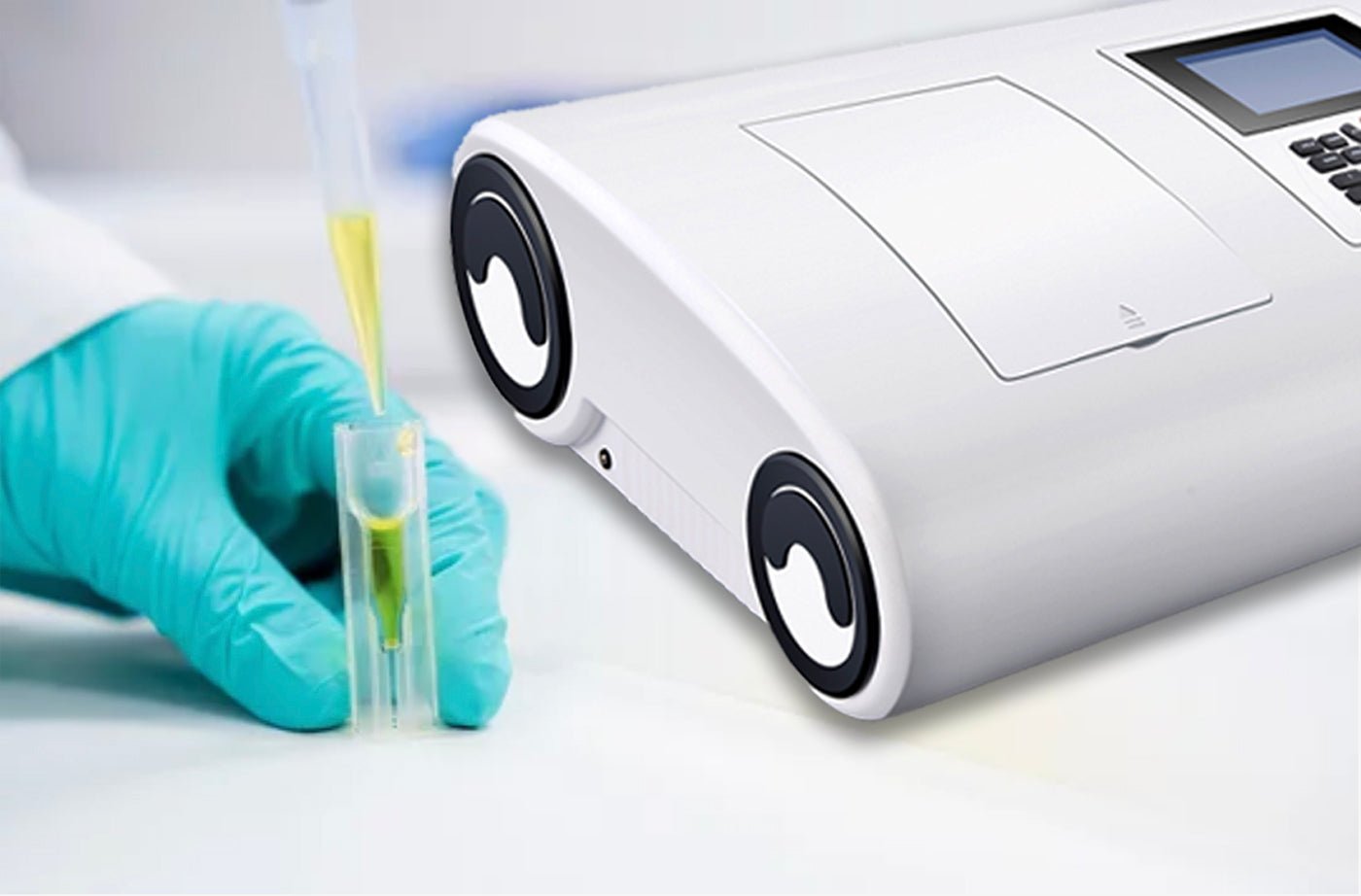 Lab professional preparing a sample with a pipette and cuvette, demonstrating precise spectrophotometer operation.