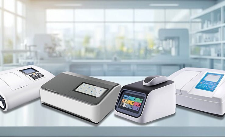 Four modern UV and visible light spectrophotometers displayed on a lab bench in a bright, professional setting.