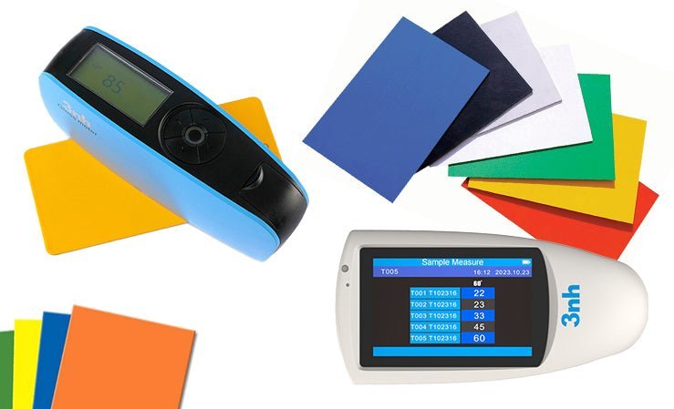 Two digital gloss meters and colorful material samples for surface quality control and measurement.