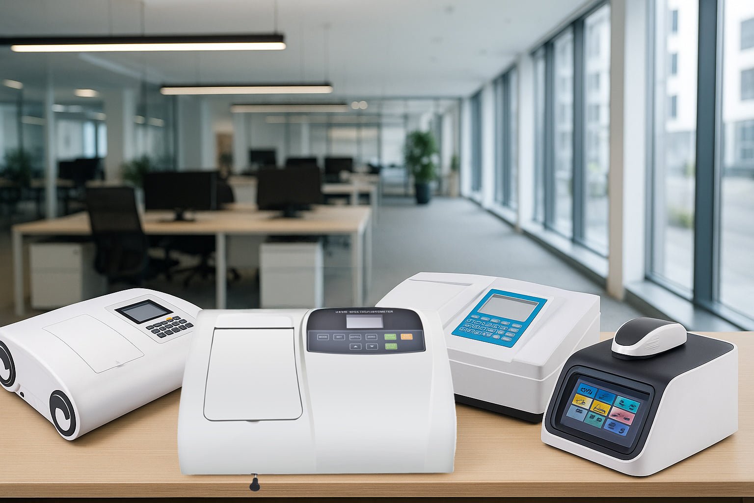 A lineup of diverse spectrophotometer models on a wooden table, set against a modern office background.