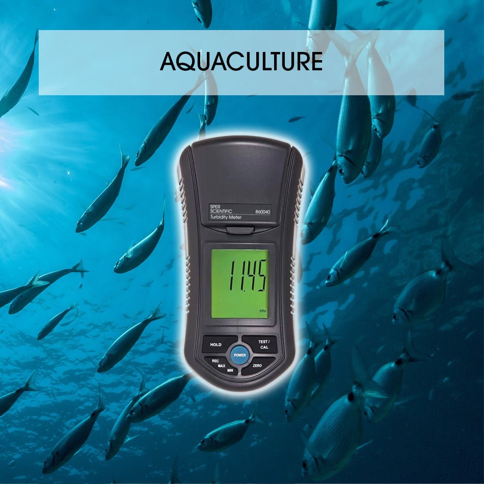 Underwater scene with schooling fish and a turbidity meter, showcasing tools for precise aquaculture management.