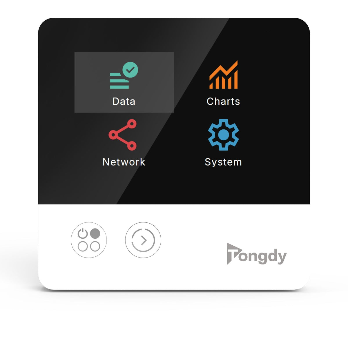 Modern white HVAC monitor with a touchscreen displaying data, charts, network, and system controls for efficient management.