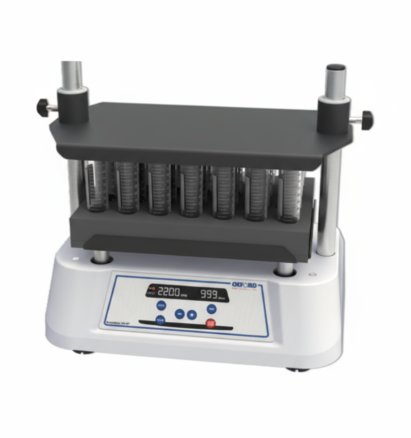 Sleek white and gray laboratory mixer with digital controls, holding multiple sample tubes for efficient mixing.