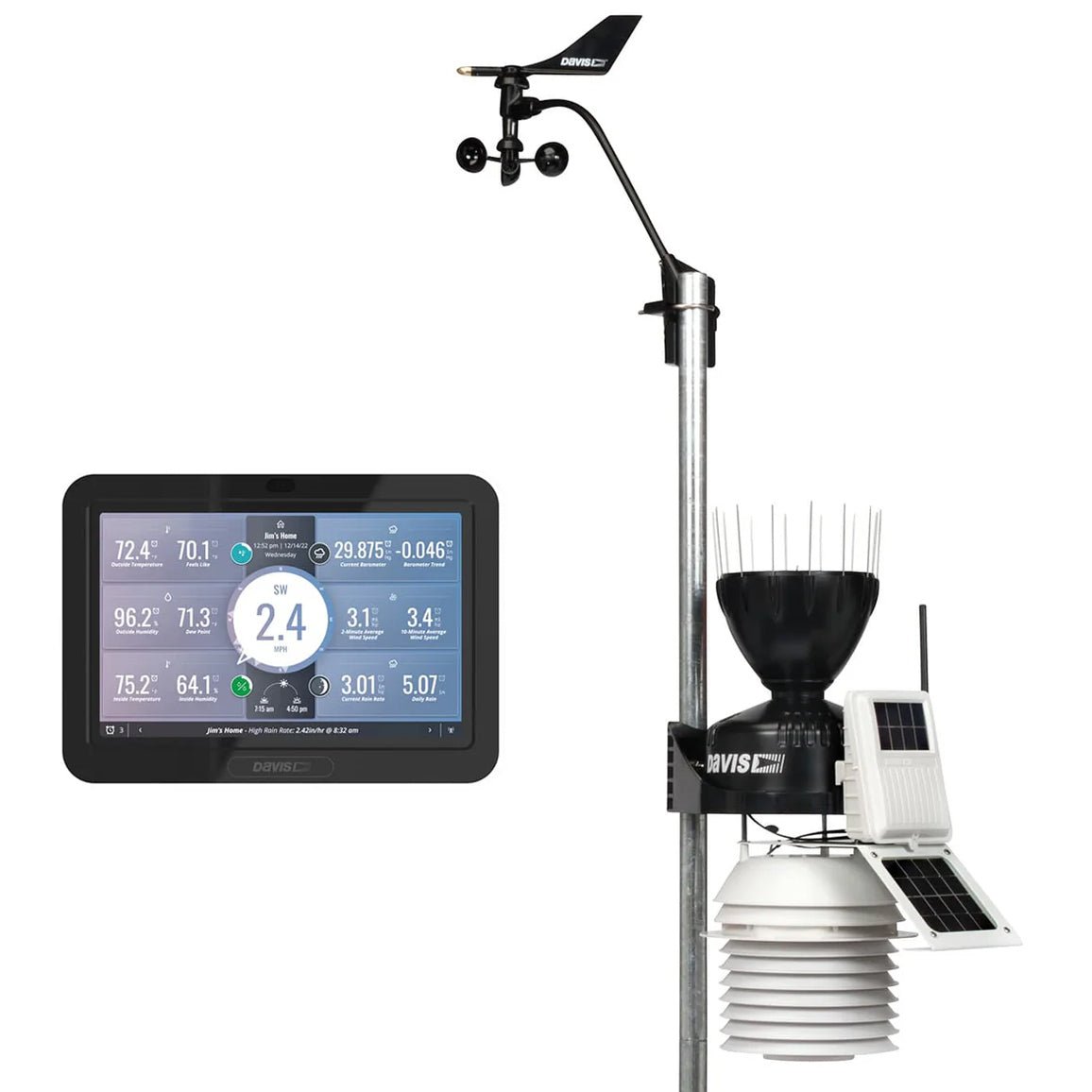 Professional Davis weather station with outdoor sensors, solar panels, and an indoor display console showing real-time data.