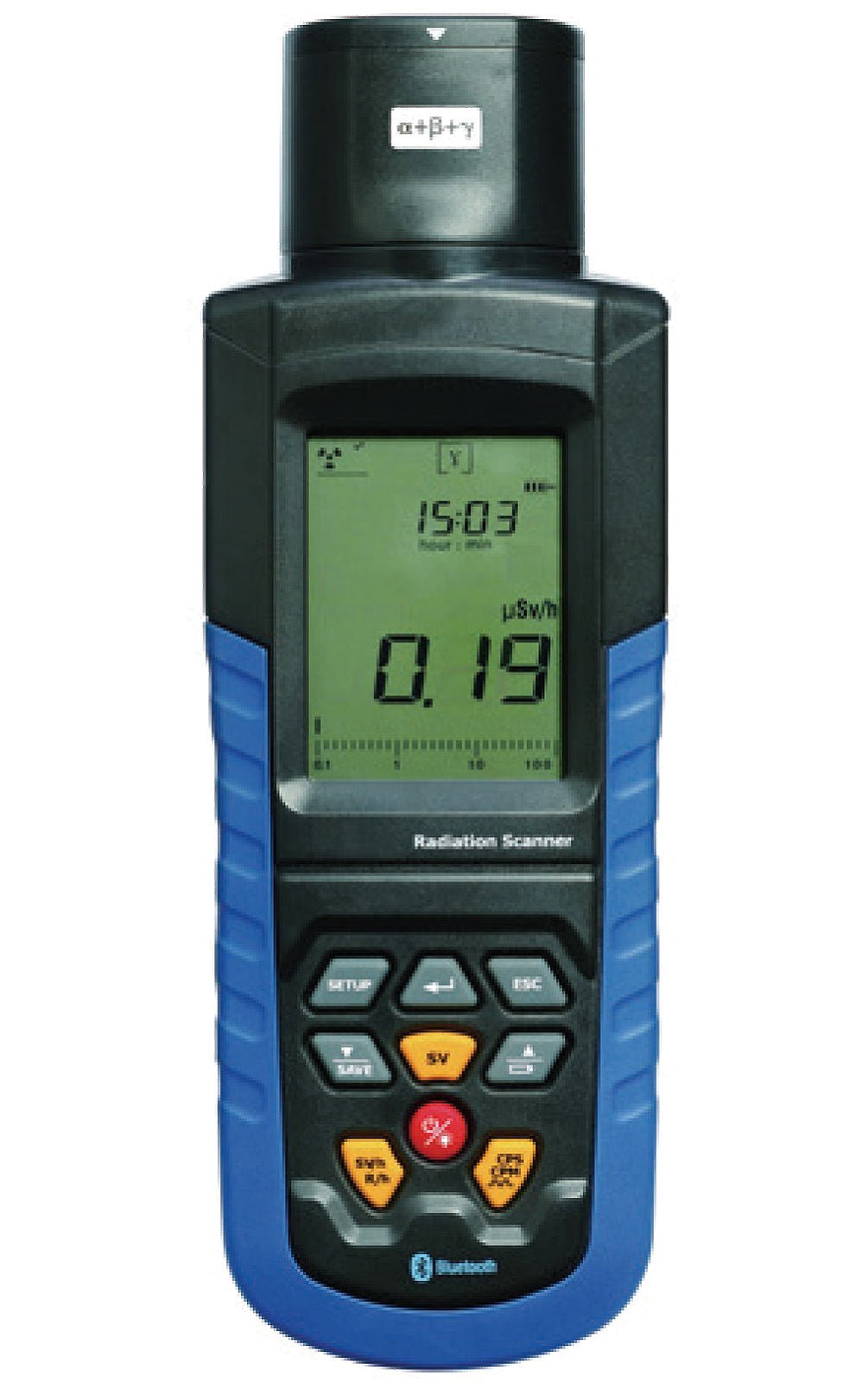 Modern black and blue radiation meter for precise alpha, beta, and gamma detection.