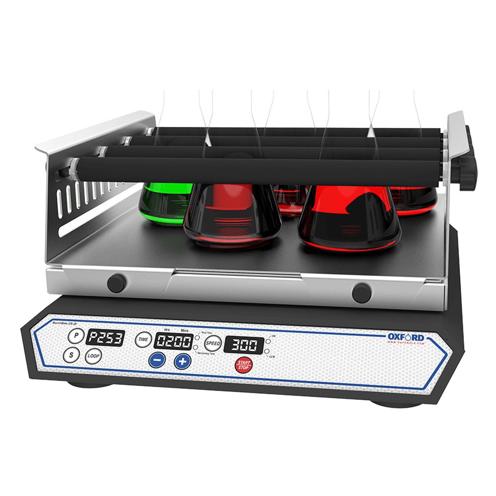 Precision laboratory roller shaker with vibrant flasks, showcasing efficient mixing for scientific applications.