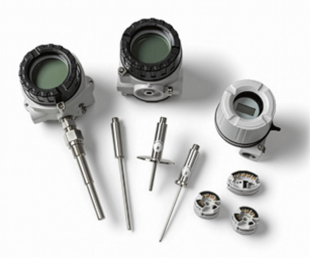 Industrial thermocouple and RTD accessories, featuring various metallic and white temperature transmitters, sensor probes, and heads for precise measurement.
