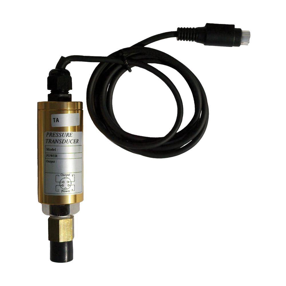 Gold and silver pressure transducer with a coiled black cable, symbolizing reliable industrial measurement tools.