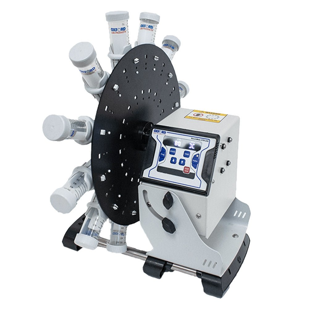 Precision laboratory tube rotator with multiple test tubes, featuring a sleek digital control panel for efficient sample mixing.