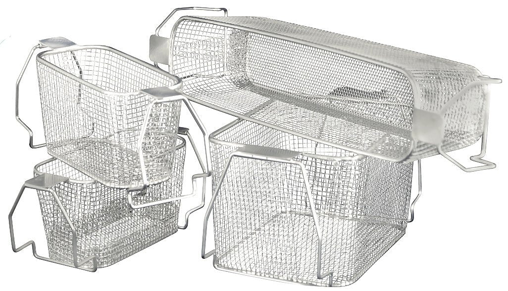 Shiny silver metal mesh baskets, varied sizes, designed for efficient ultrasonic cleaning accessories.