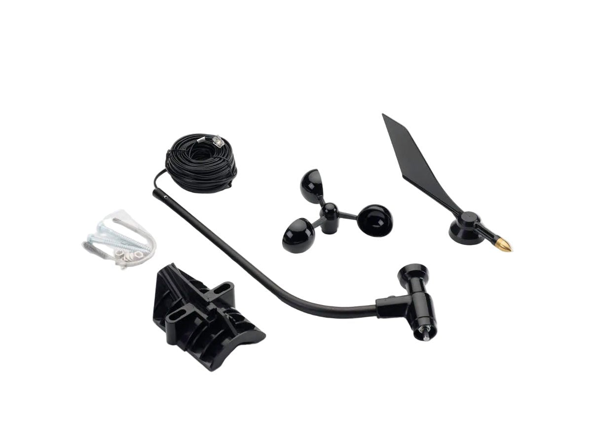 Black wind vane, anemometer, and mounting hardware for weather sensors, ready for outdoor installation.