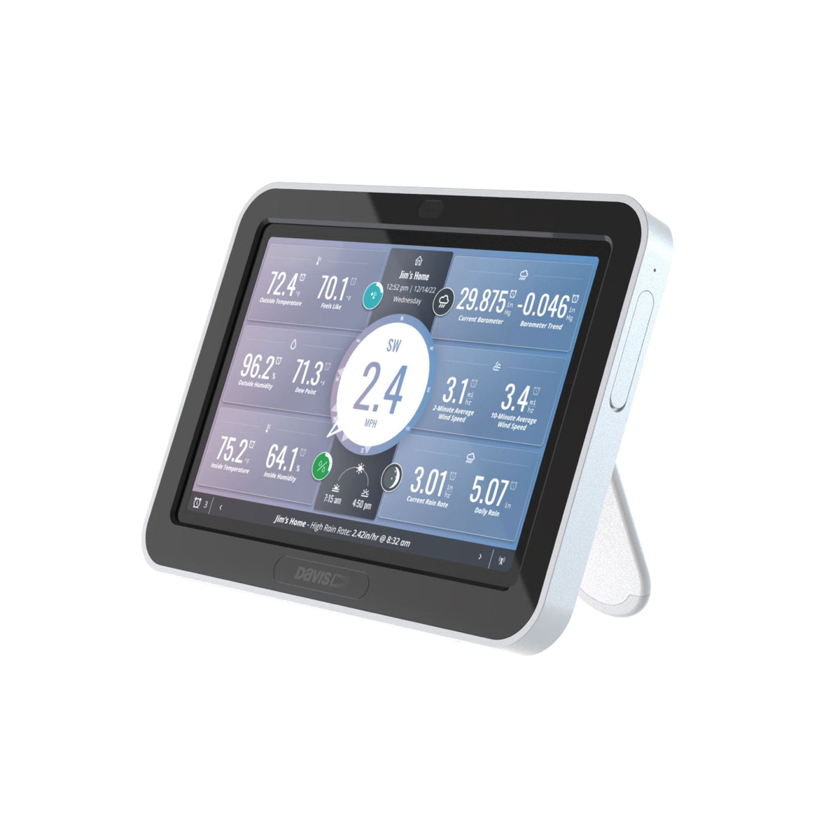 Modern smart weather station display showing detailed outdoor and indoor conditions with a clean interface.