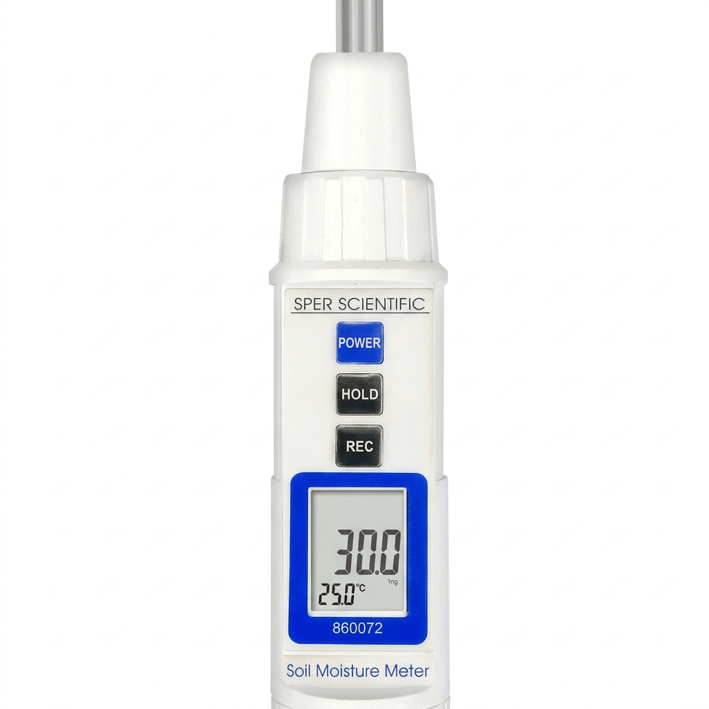 Sper Scientific 860072 soil tester front detail showing LCD display and controls