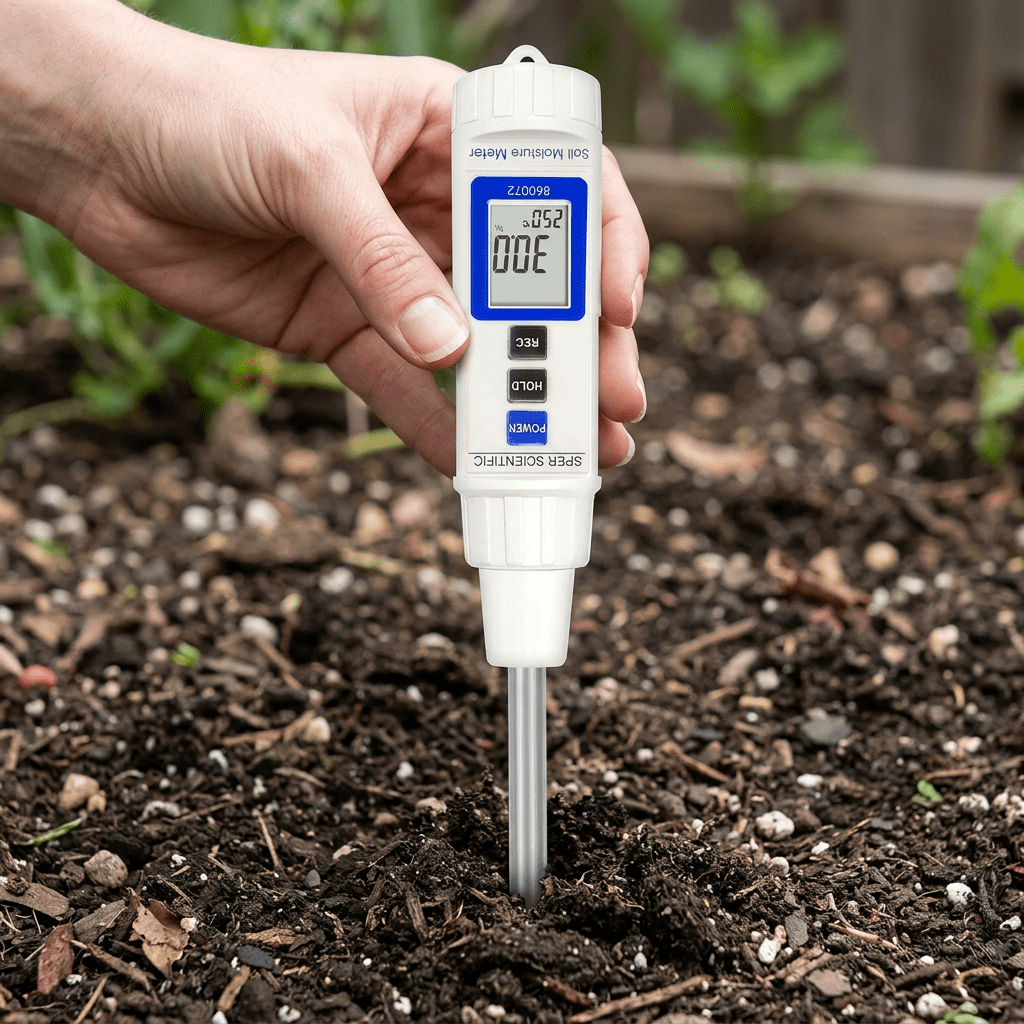 Sper Scientific 860072 soil tester with metal probe inserted into garden soil