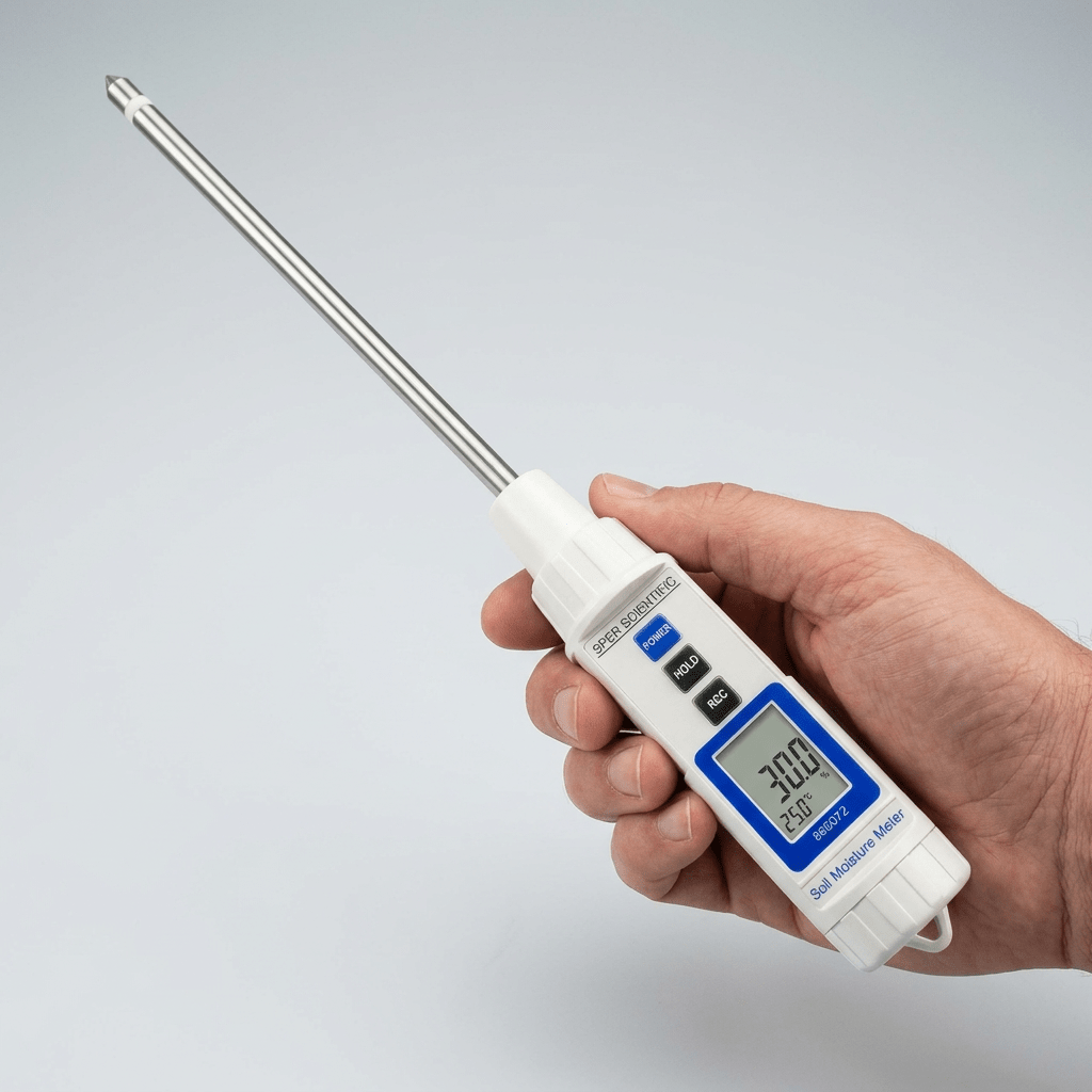 Sper Scientific 860072 soil moisture and temperature tester held in one hand