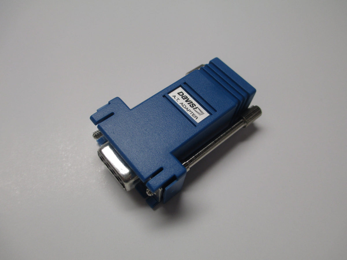 Blue nine-pin serial port adapter by Davis Instruments featuring metal connector and screws.