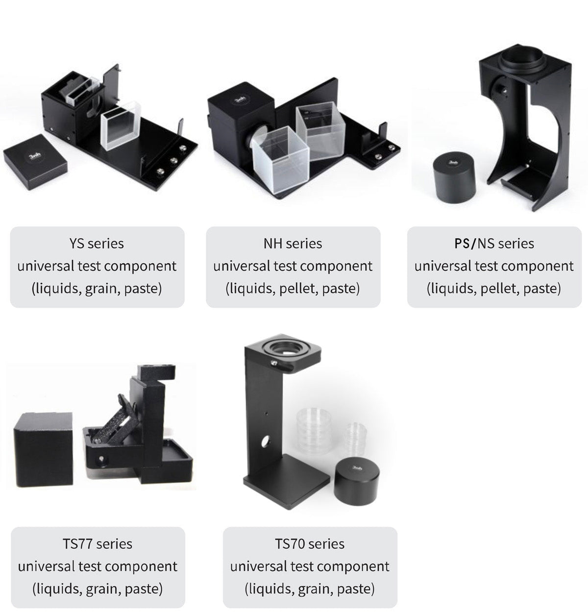 Accessory cuvettes for colorimeters by 3nh, including YS, NH, PS/NS, TS77 and TS70 series, for testing liquids, pellets, grain, or paste.