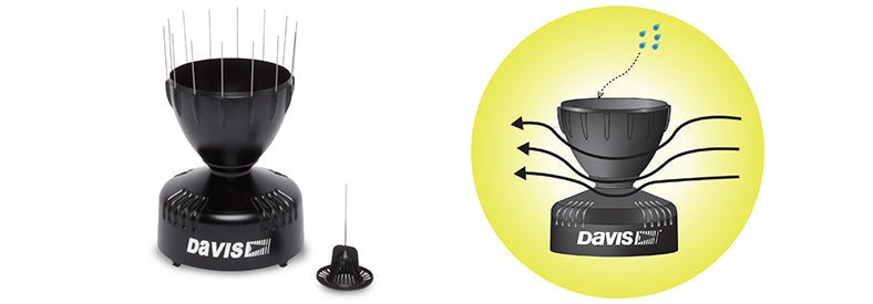Black AeroCone rain collector by Davis Instruments with sensor accessories displayed on a white background.
