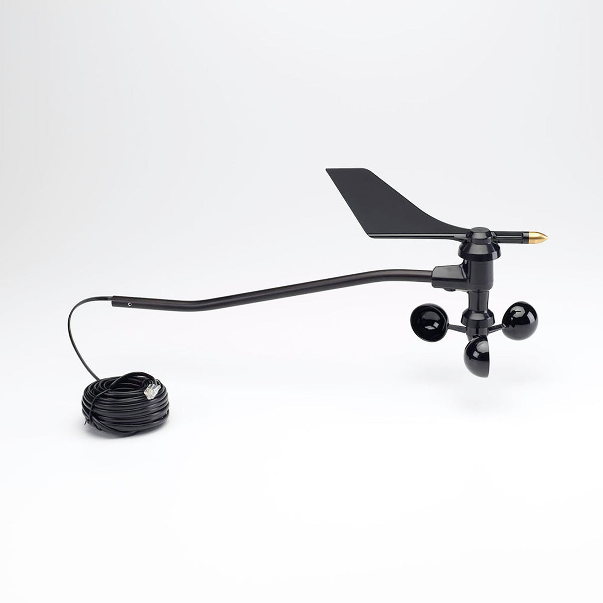 Black anemometer for weather monitor by Davis Instruments with a coiled cable.