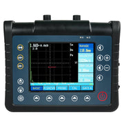 Digital ultrasonic flaw detector from BRK with a display showing signal readings and function buttons on a dark gray background.
