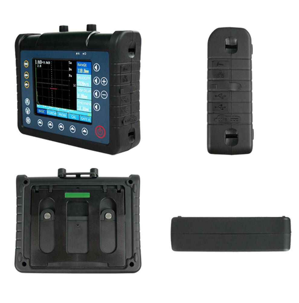 Digital ultrasonic flaw detector from BRK, displaying a graph with multiple function buttons, shown with three different views of its body.
