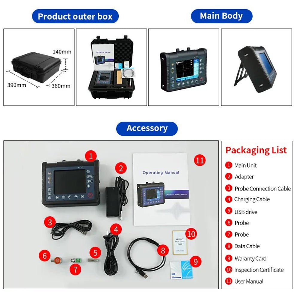 Digital ultrasonic flaw detector from BRK, with product outer box, main body, accessories, and packaging list details.