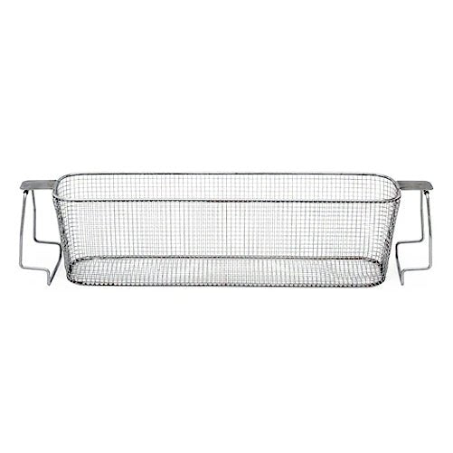Stainless steel mesh bottom basket from Crest Ultrasonics with support rails on each side.
