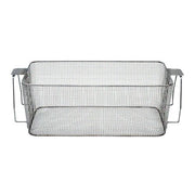 Stainless steel mesh basket by Crest Ultrasonics featuring a rectangular shape with integrated handles.