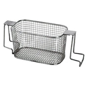 Mesh bottom basket by Crest Ultrasonics in stainless steel with handles extended for placement.
