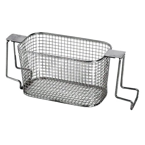 Mesh bottom basket by Crest Ultrasonics in stainless steel with handles extended for placement.
