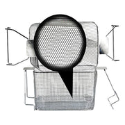 Perforated bottom basket from Crest Ultrasonics, featuring wire mesh construction and supporting metal arms.