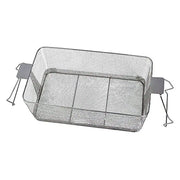 Stainless steel basket with perforated bottom by Crest Ultrasonics with handle supports on a white background.
