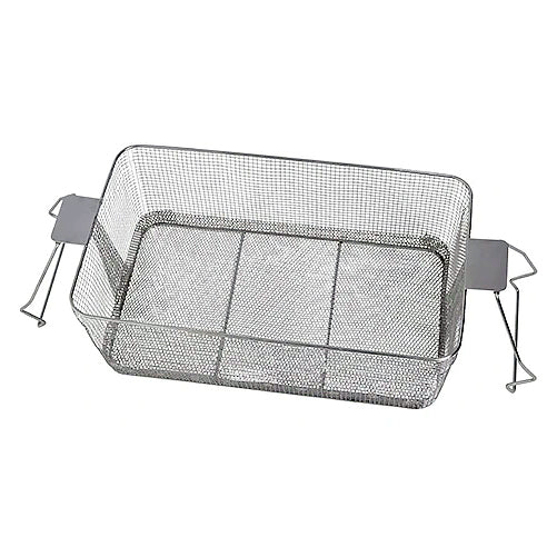 Stainless steel basket with perforated bottom by Crest Ultrasonics with handle supports on a white background.

