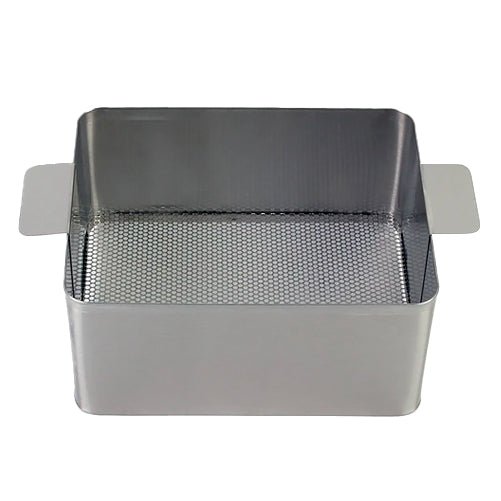 Stainless steel perforated basket by Crest Ultrasonics with two flat handles on either side.