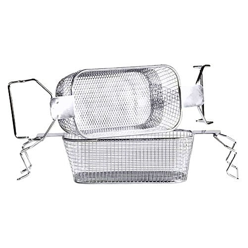 Perforated bottom ultrasonic basket by Crest Ultrasonics with silver finish and wire construction.