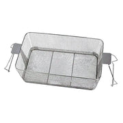Stainless steel ultrasonic cleaning basket by Crest Ultrasonics with wire mesh design and support feet.
