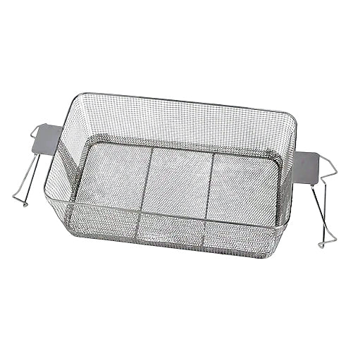 Stainless steel ultrasonic cleaning basket by Crest Ultrasonics with wire mesh design and support feet.
