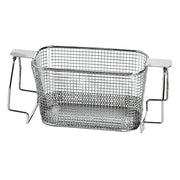 Perforated bottom ultrasonic basket by Crest Ultrasonics with chrome finish and elevated supports.